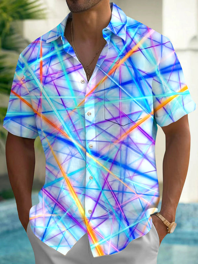 Adaychic Men's Colorful Geometric Lines Print Short Sleeve Shirt with Chest Pocket