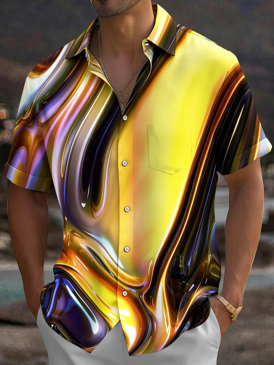 Adaychic Men's Printed Liquid Metallic Swirl Print Short Sleeve Shirt with Chest Pocket
