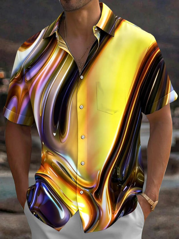 Adaychic Men's Printed Liquid Metallic Swirl Print Short Sleeve Shirt with Chest Pocket