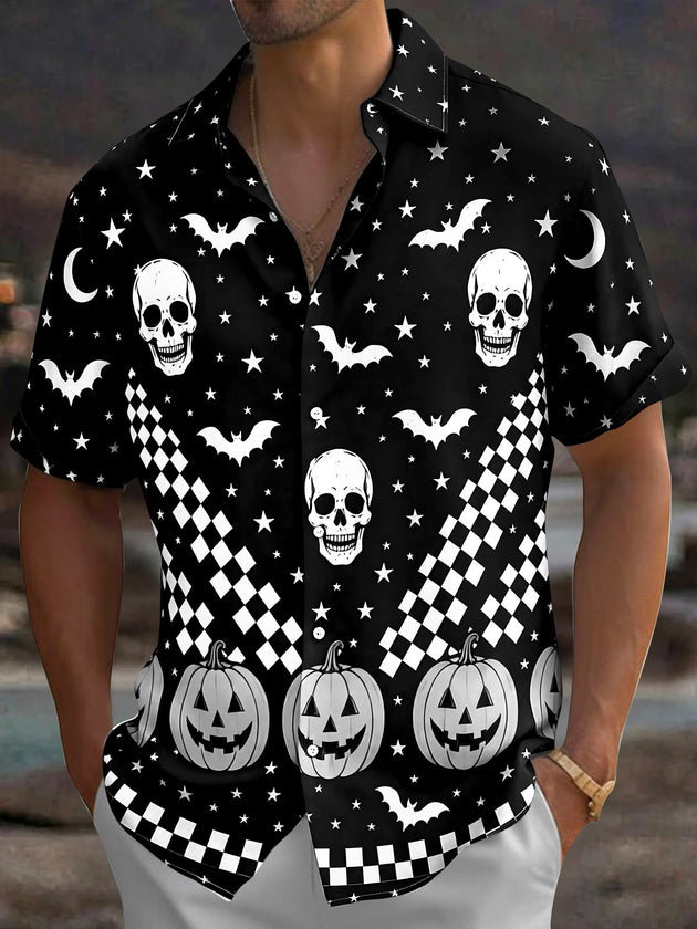 Adaychic Men's Graphic Halloween Skulls Print Short Sleeve Shirt with Chest Pocket