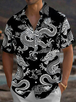 Adaychic Men's Hawaiian Chinese Dragon Print Short Sleeve Shirt with Chest Pocket