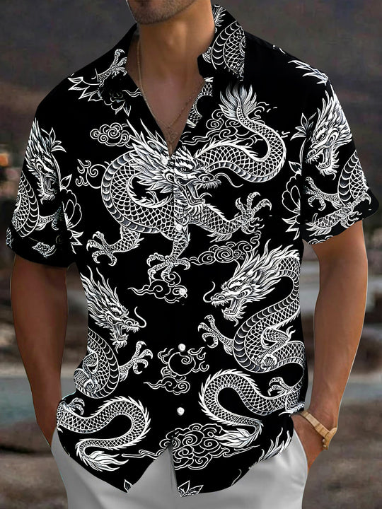 Adaychic Men's Hawaiian Chinese Dragon Print Short Sleeve Shirt with Chest Pocket