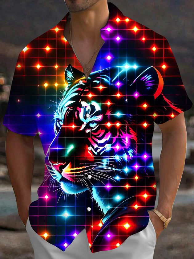 Adaychic Men's Graphic Neon Grid Tiger Print Short Sleeve Shirt with Chest Pocket