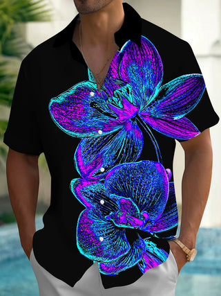 Adaychic Men's Hawaiian Neon Orchid Flowers Print Short Sleeve Shirt with Chest Pocket