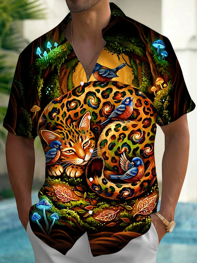 Adaychic Men's Hawaiian Forest Leopard Cat Print Short Sleeve Shirt with Chest Pocket