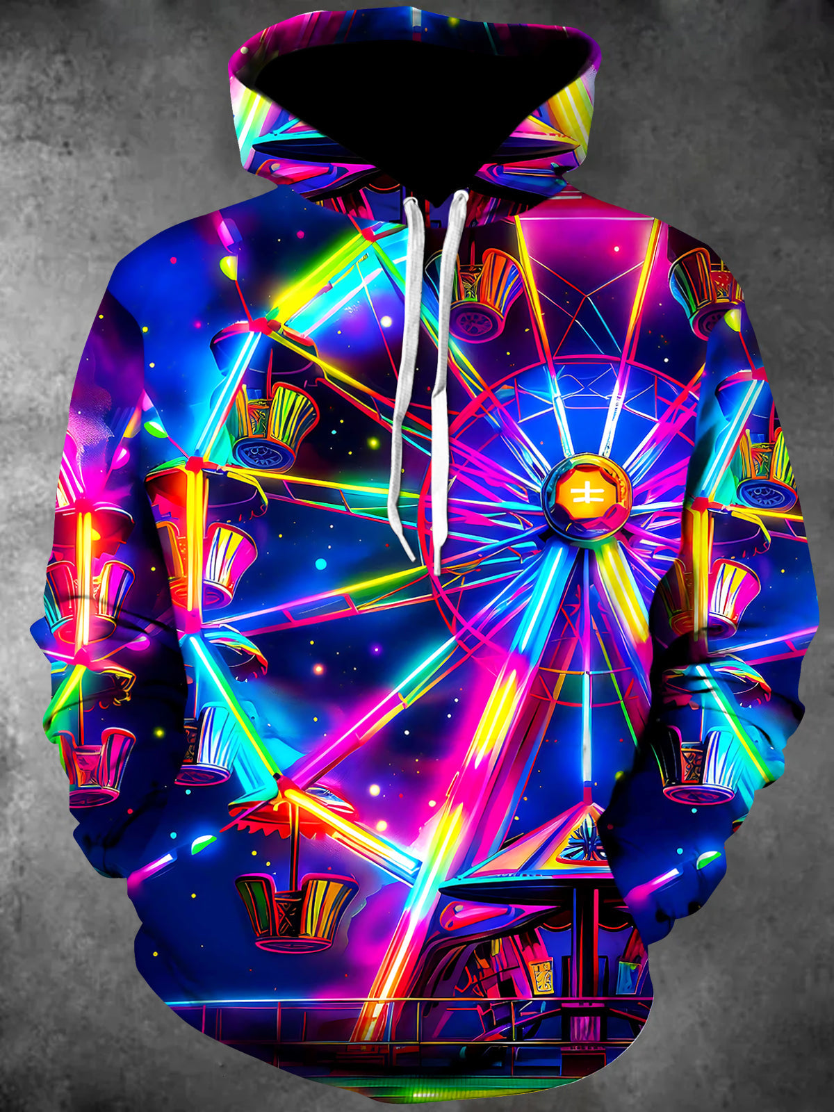 Adaychic Men's 3D Neon Ferris Wheel Print Long Sleeve Hoodie with Chest Pocket