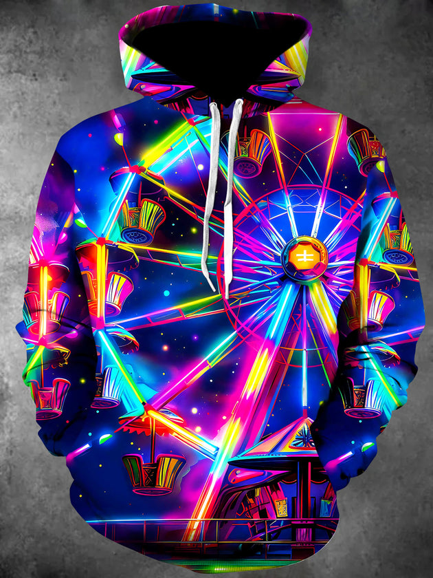 Adaychic Men's 3D Neon Ferris Wheel Print Long Sleeve Hoodie with Chest Pocket