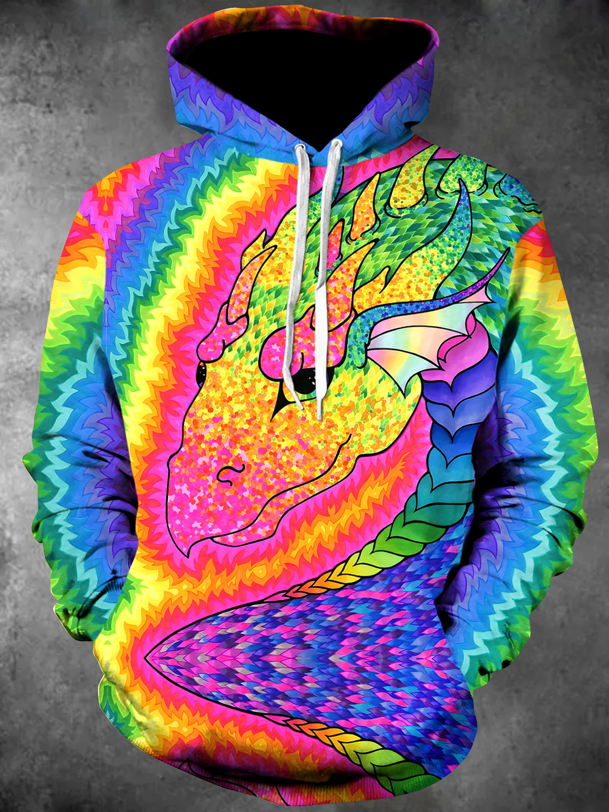 Adaychic Men's Graphic Rainbow Dragon Head Print Long Sleeve Hoodie with Chest Pocket