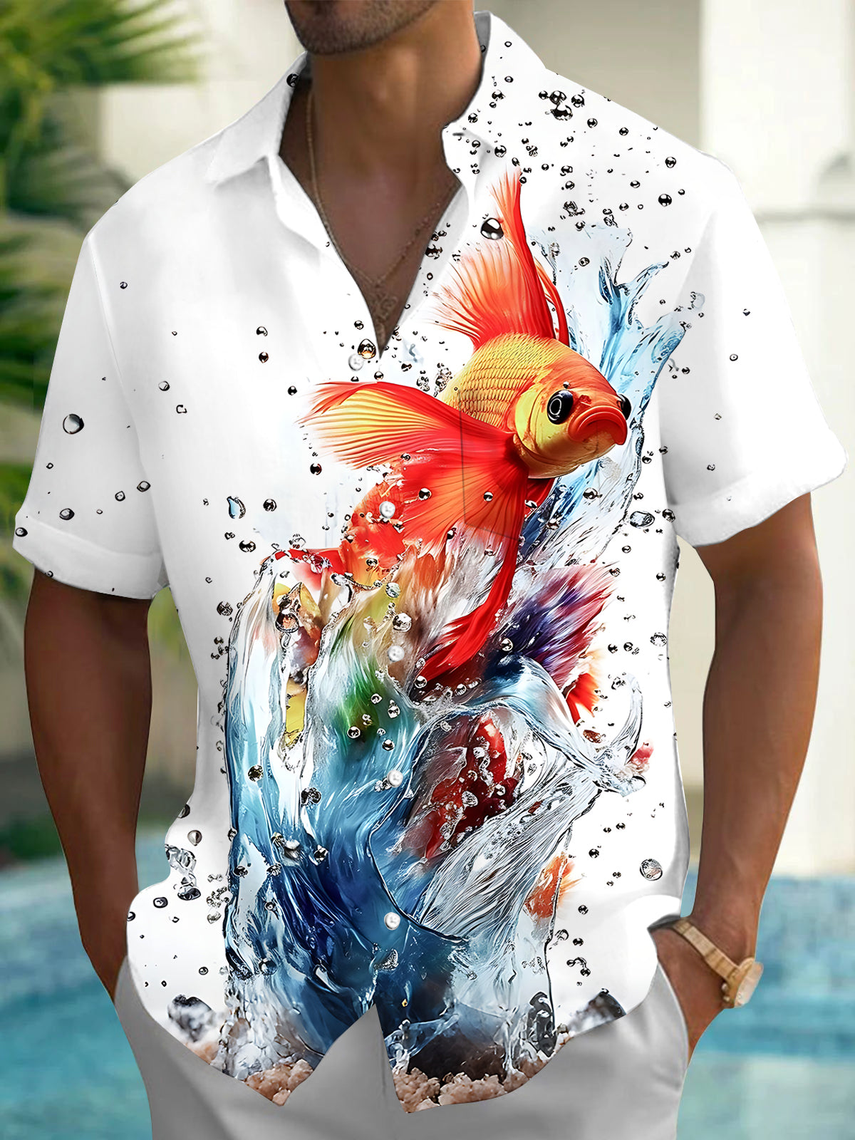 Adaychic Men's Hawaiian Goldfish Splash Print Short Sleeve Shirt with Chest Pocket
