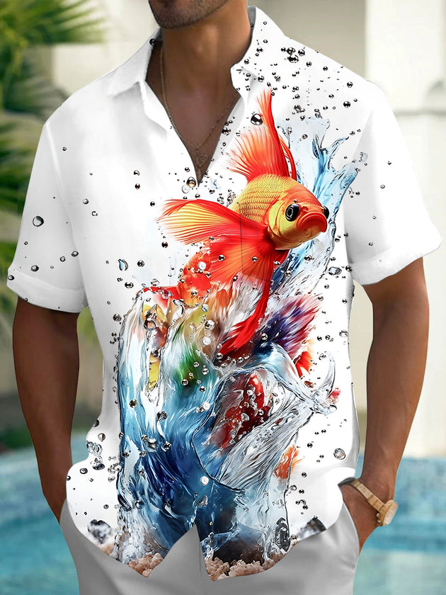 Adaychic Men's Hawaiian Goldfish Splash Print Short Sleeve Shirt with Chest Pocket