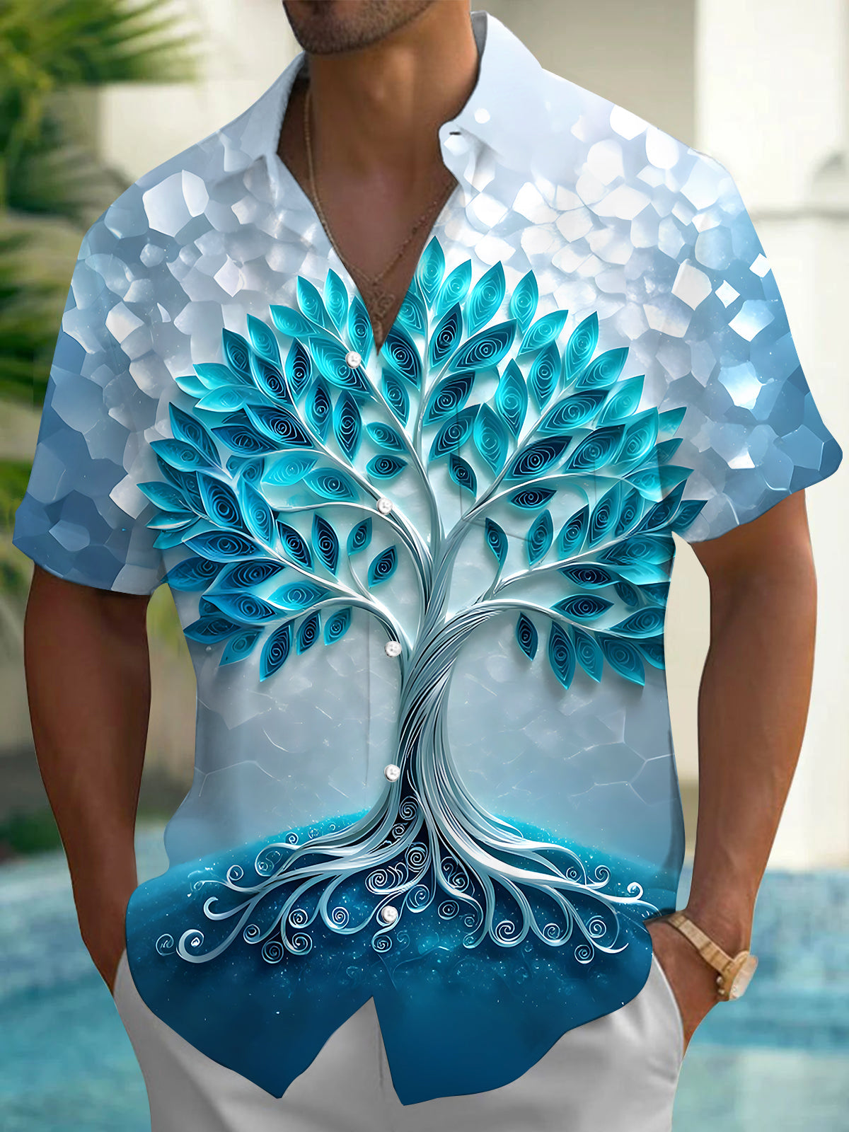 Adaychic Men's 3D 3D Quilled Tree Print Short Sleeve Shirt with Chest Pocket