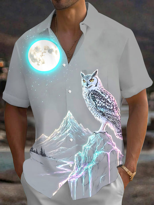 Adaychic Men's Printed Owl Moon Mountain Print Short Sleeve Shirt with Chest Pocket