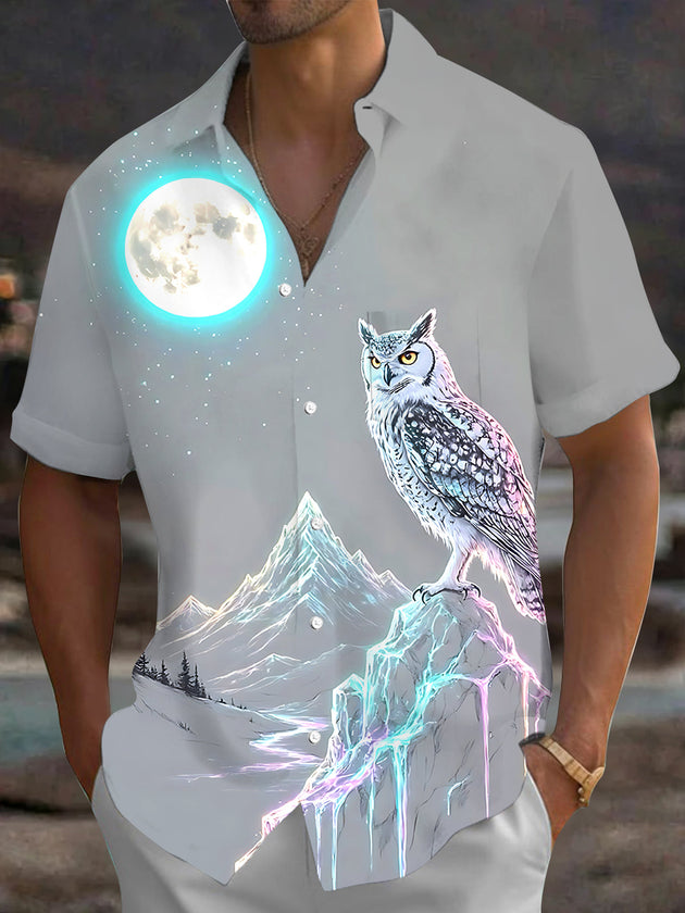 Adaychic Men's Printed Owl Moon Mountain Print Short Sleeve Shirt with Chest Pocket
