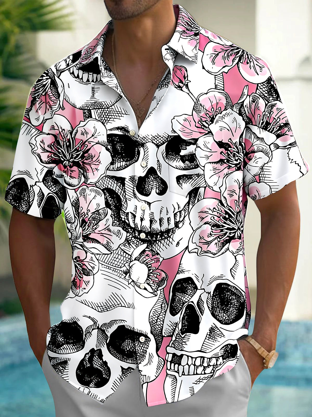 Adaychic Men's Hawaiian Skull And Floral Pattern Short Sleeve Shirt with Chest Pocket