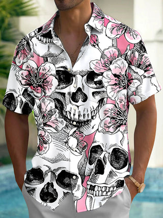 Adaychic Men's Hawaiian Skull And Floral Pattern Short Sleeve Shirt with Chest Pocket