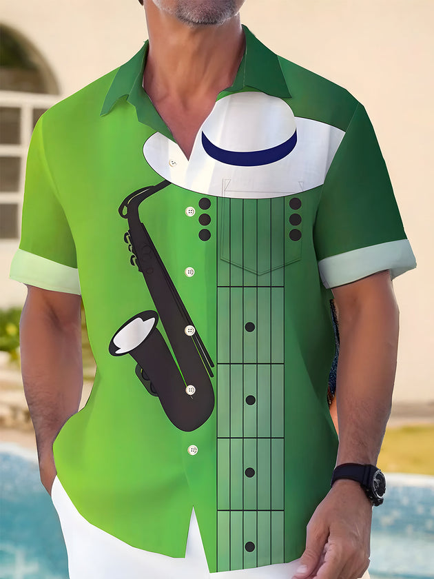 Adaychic Men's Graphic Saxophone Print Guitar Neck Print Hat with Chest Pocket