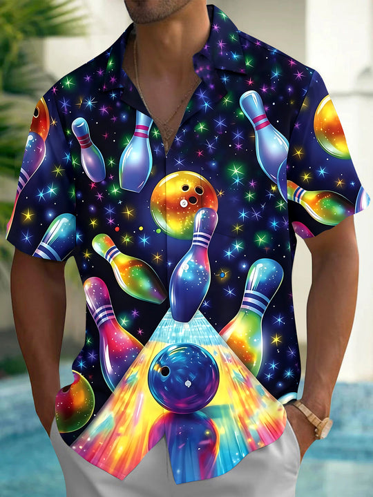 Adaychic Men's Hawaiian Cosmic Bowling Pins Print Short Sleeve Shirt with Chest Pocket
