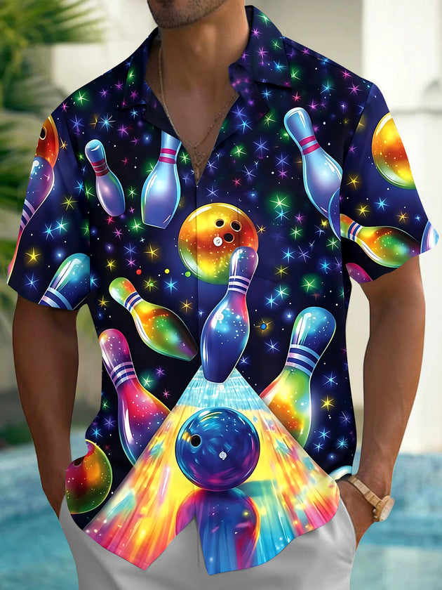 Adaychic Men's Hawaiian Cosmic Bowling Pins Print Short Sleeve Shirt with Chest Pocket