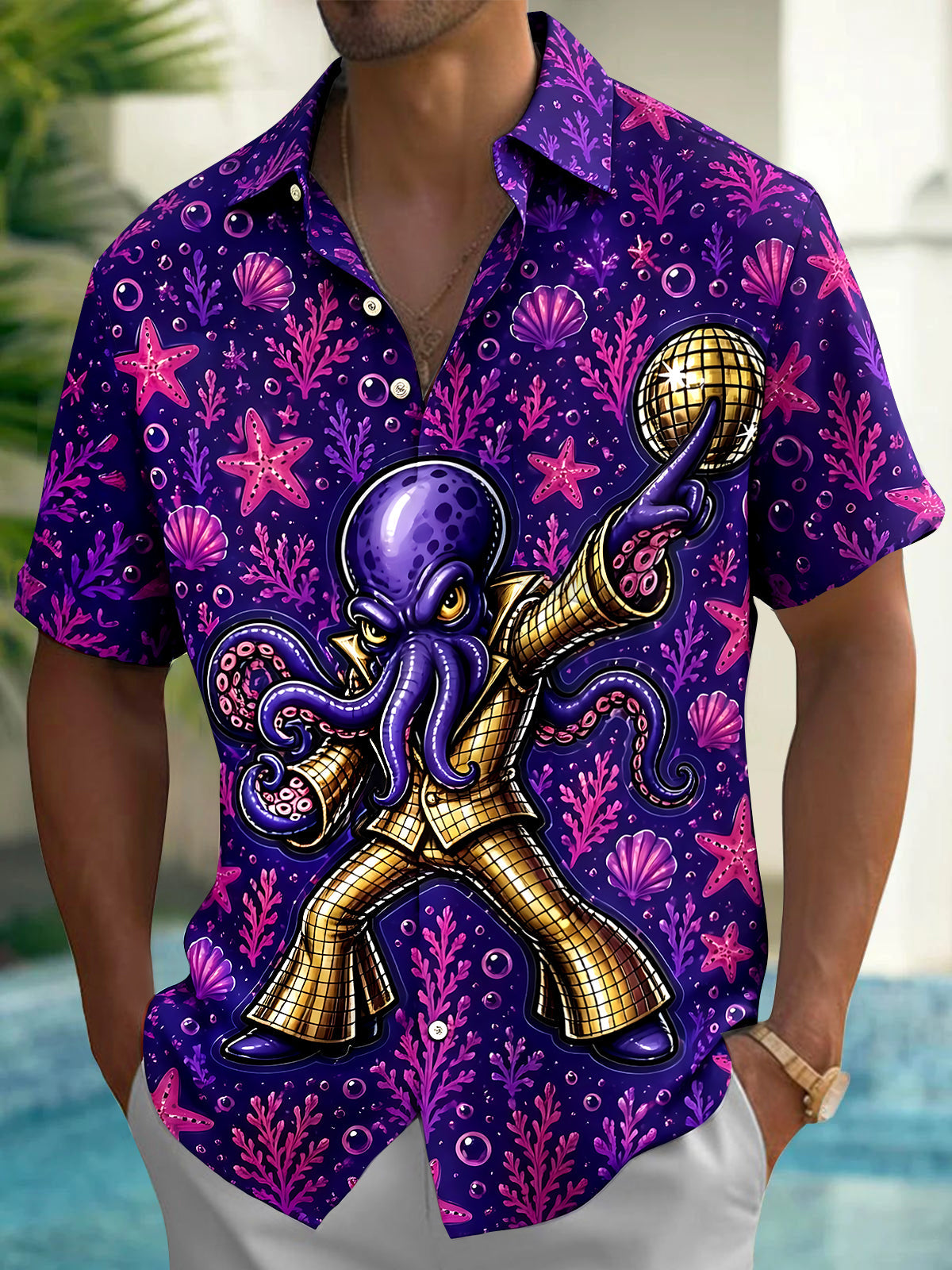 Adaychic Men's Hawaiian Disco Octopus Print Short Sleeve Shirt with Chest Pocket