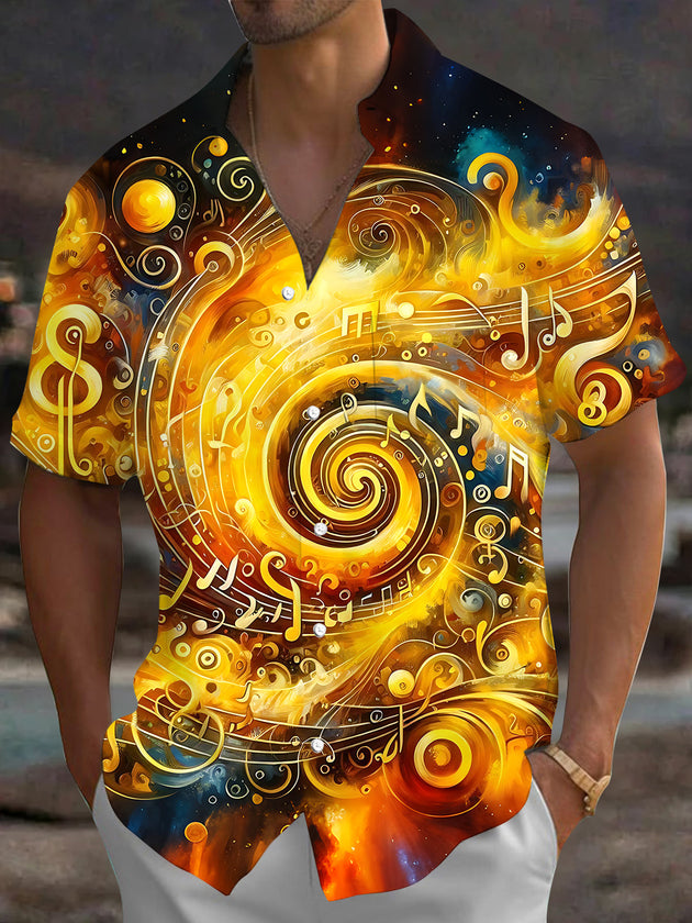 Adaychic Men's Graphic Musical Notes Print Short Sleeve Shirt with Chest Pocket