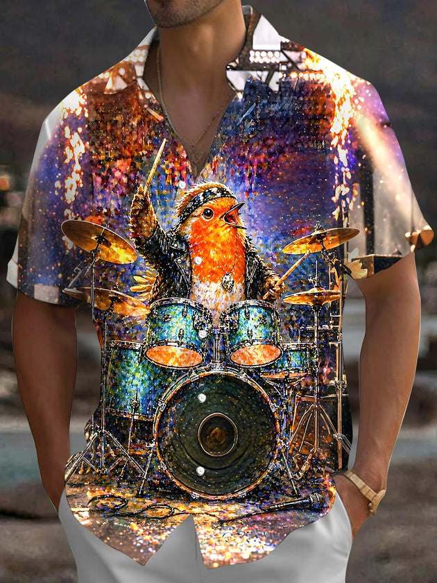 Adaychic Men's Graphic Bird Drummer Print Short Sleeve Shirt with Chest Pocket