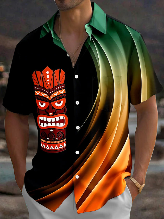 Adaychic Men's Hawaiian Tiki Mask Print Short Sleeve Shirt with Chest Pocket