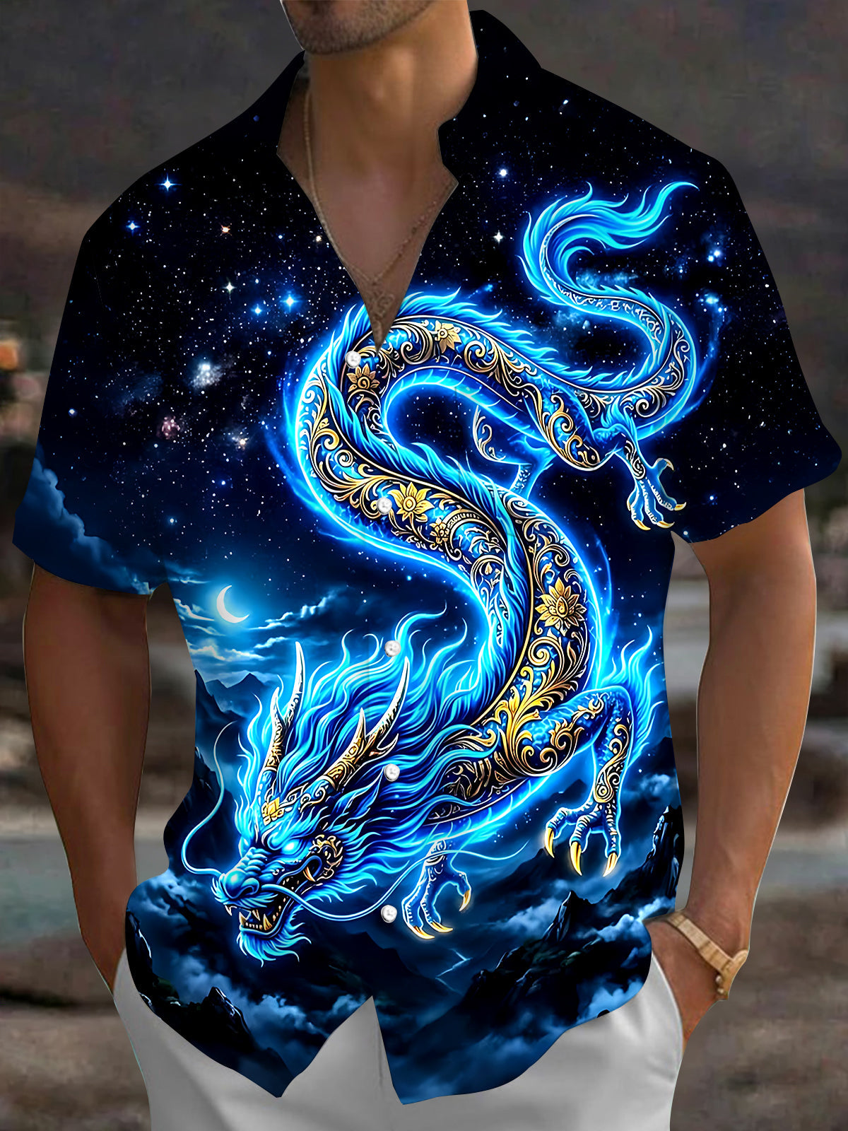 Adaychic Men's Graphic Blue Dragon Print Short Sleeve Shirt with Chest Pocket