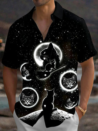 Adaychic Men's Graphic Black Cat Space Print Short Sleeve Shirt with Chest Pocket