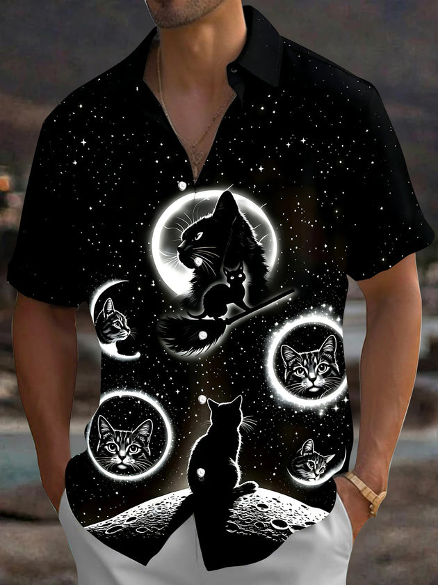 Adaychic Men's Graphic Black Cat Space Print Short Sleeve Shirt with Chest Pocket