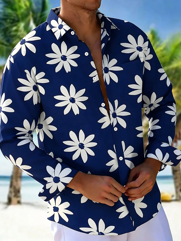 Adaychic Men's Floral White Daisy Flowers Print Long Sleeve Shirt with Chest Pocket