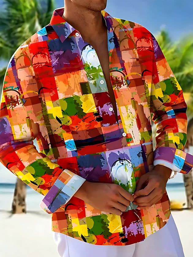 Colorful Geometry Men's Pocket Long Sleeve Shirts