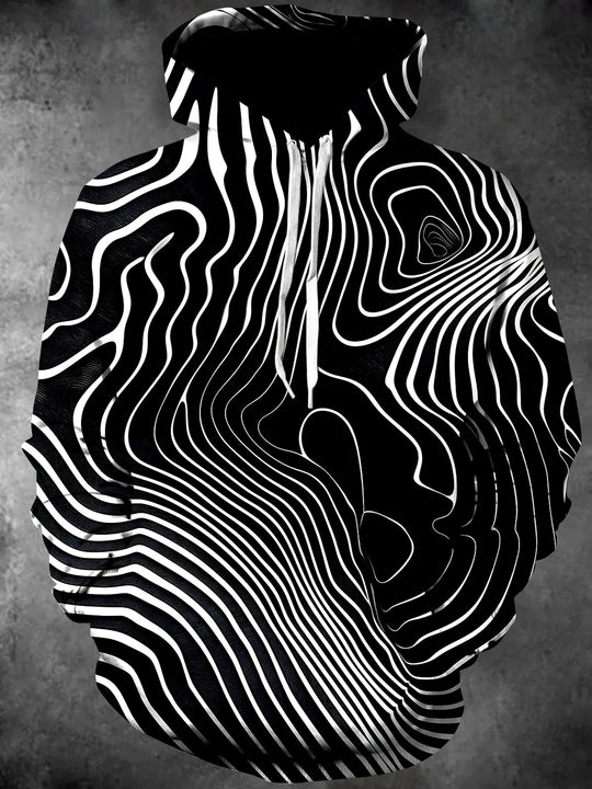 Adaychic Men's Geometric Geometric Wavy Lines Print Long Sleeve Hoodie with Chest Pocket