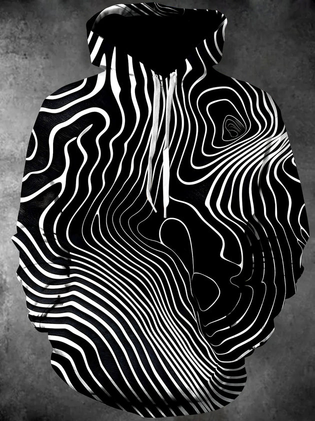 Adaychic Men's Geometric Geometric Wavy Lines Print Long Sleeve Hoodie with Chest Pocket