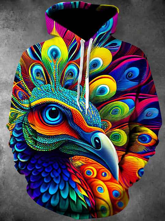 Adaychic Men's Graphic Colorful Peacock Face Print Long Sleeve Hoodie with Chest Pocket