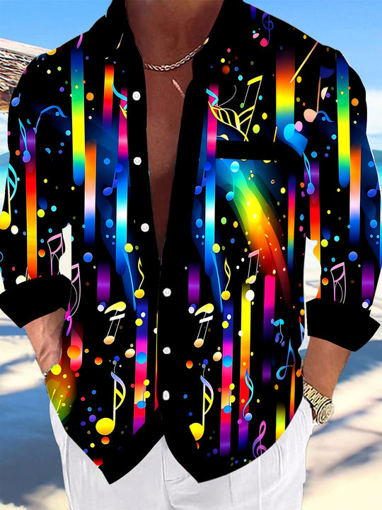 Adaychic Men's Printed Rainbow Musical Notes Print Long Sleeve Shirt with Chest Pocket