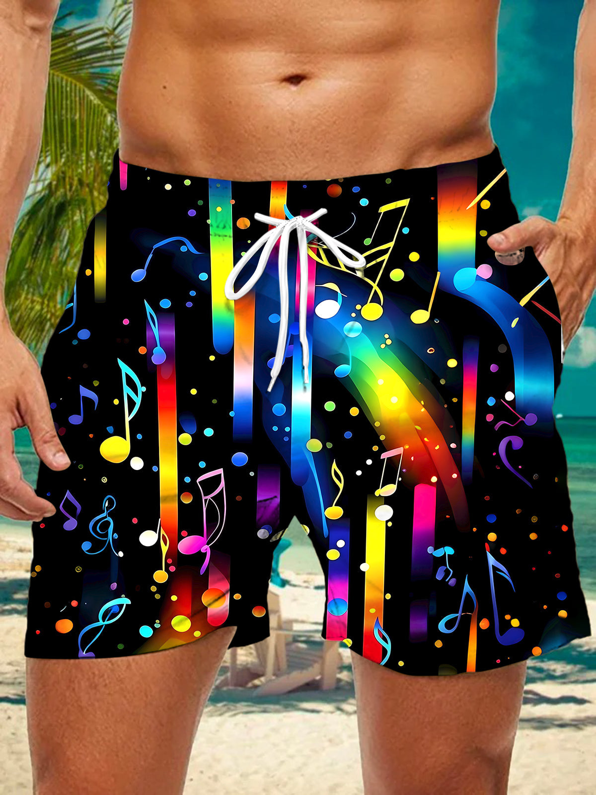 Adaychic Men's Graphic Rainbow Musical Notes Print Shorts with Chest Pocket