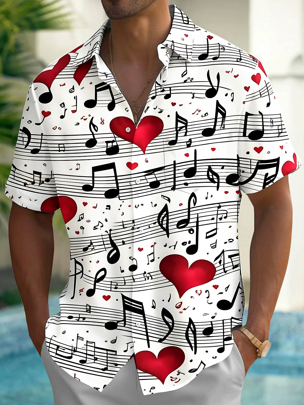 Adaychic Men's Printed Musical Notes Print Red Hearts Print Short Sleeve Shirt with Chest Pocket