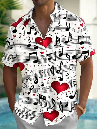 Adaychic Men's Printed Musical Notes Print Red Hearts Print Short Sleeve Shirt with Chest Pocket