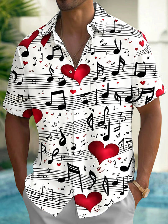 Adaychic Men's Printed Musical Notes Print Red Hearts Print Short Sleeve Shirt with Chest Pocket