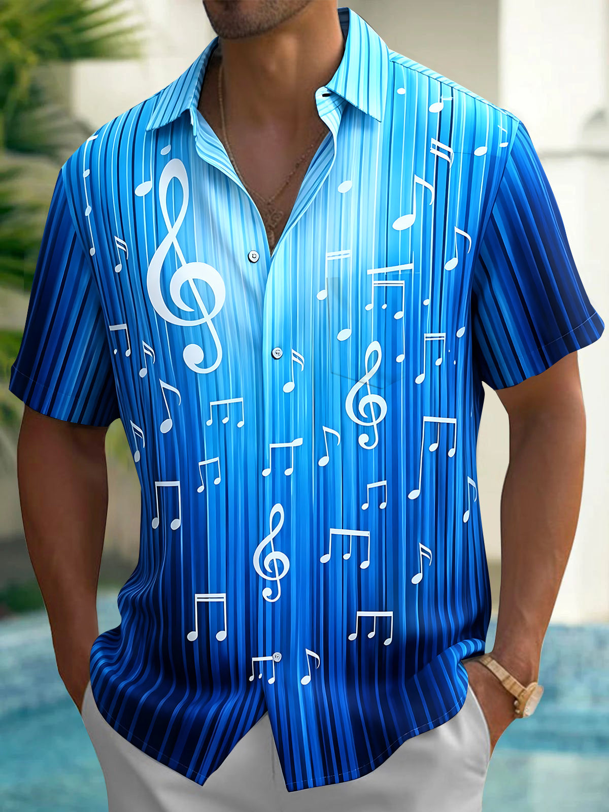 Adaychic Men's Striped Musical Notes Print Treble Clef Print Short Sleeve Shirt with Chest Pocket
