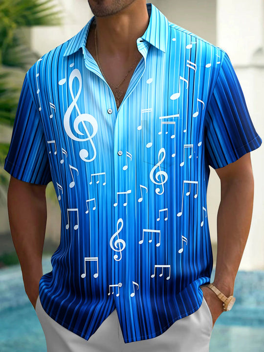 Adaychic Men's Striped Musical Notes Print Treble Clef Print Short Sleeve Shirt with Chest Pocket