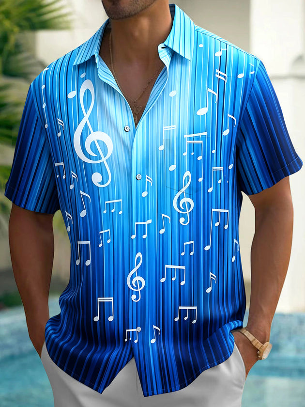 Adaychic Men's Striped Musical Notes Print Treble Clef Print Short Sleeve Shirt with Chest Pocket