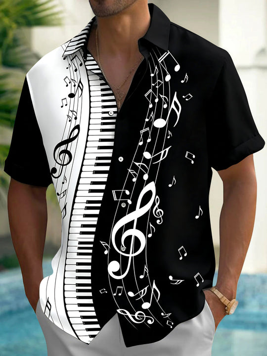 Adaychic Men's Graphic Piano Keyboard Print Short Sleeve Shirt with Chest Pocket