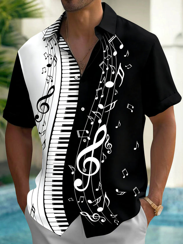 Adaychic Men's Graphic Piano Keyboard Print Short Sleeve Shirt with Chest Pocket
