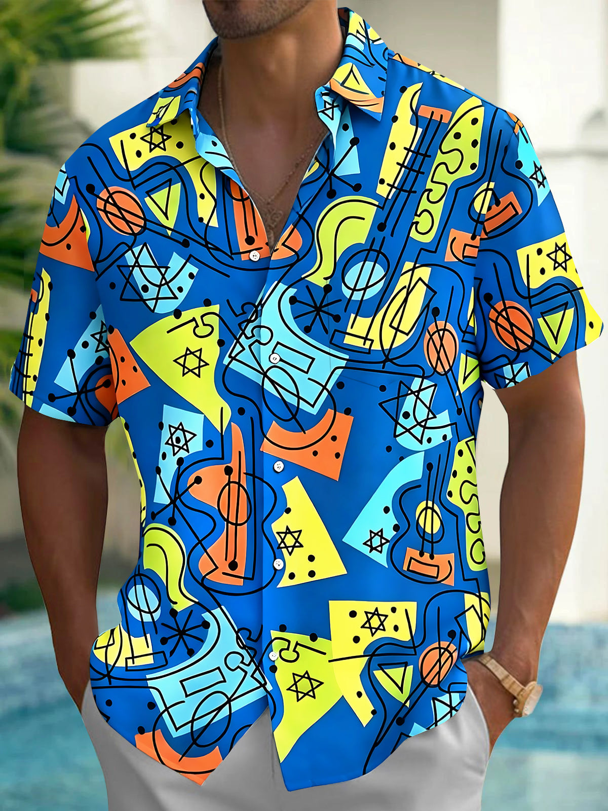 Adaychic Men's Graphic Abstract Geometric Guitar Print Short Sleeve Shirt with Chest Pocket