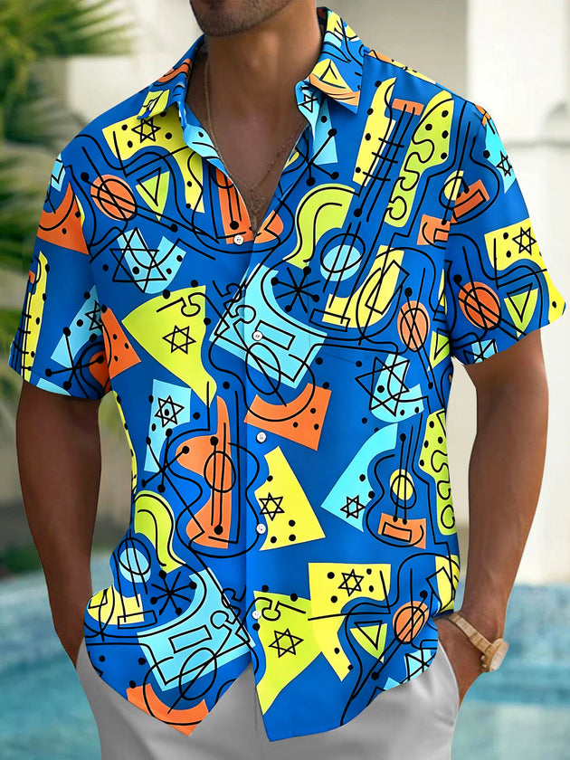 Adaychic Men's Graphic Abstract Geometric Guitar Print Short Sleeve Shirt with Chest Pocket