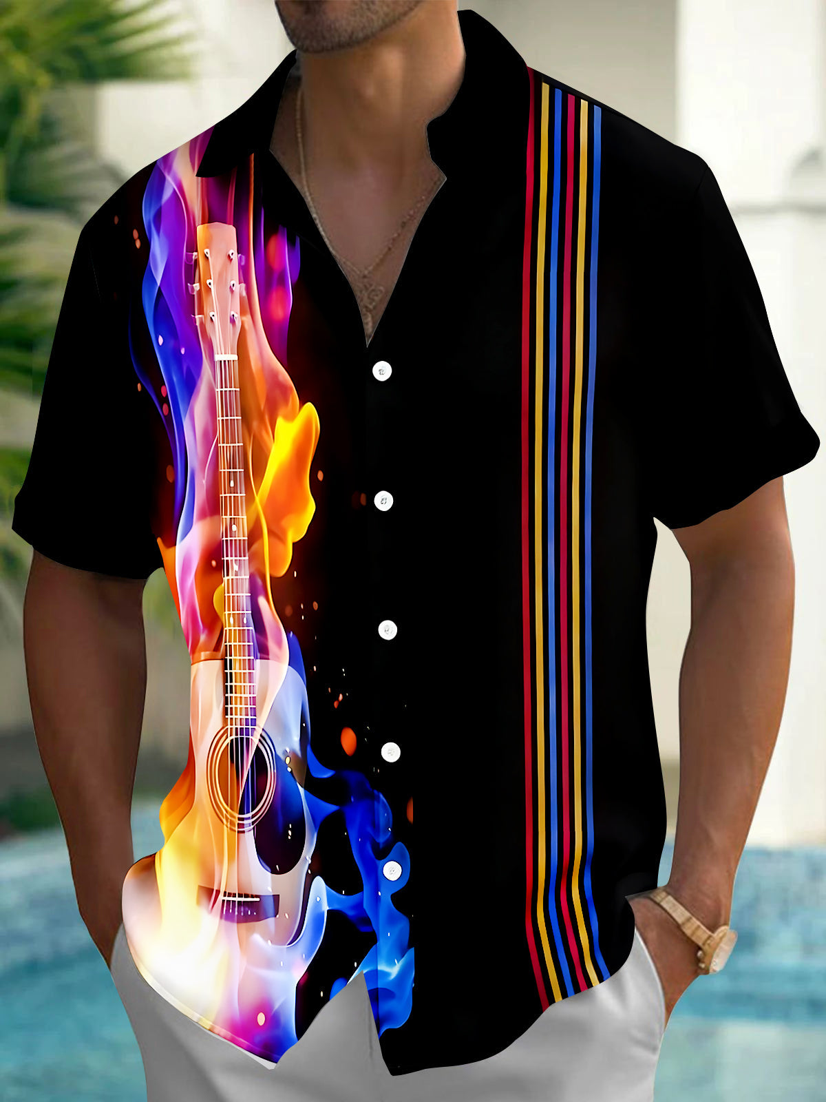Adaychic Men's Graphic Colorful Guitar Flame Print Short Sleeve Shirt with Chest Pocket