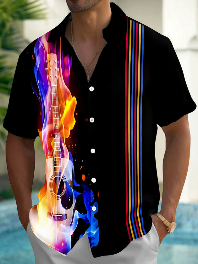 Adaychic Men's Graphic Colorful Guitar Flame Print Short Sleeve Shirt with Chest Pocket