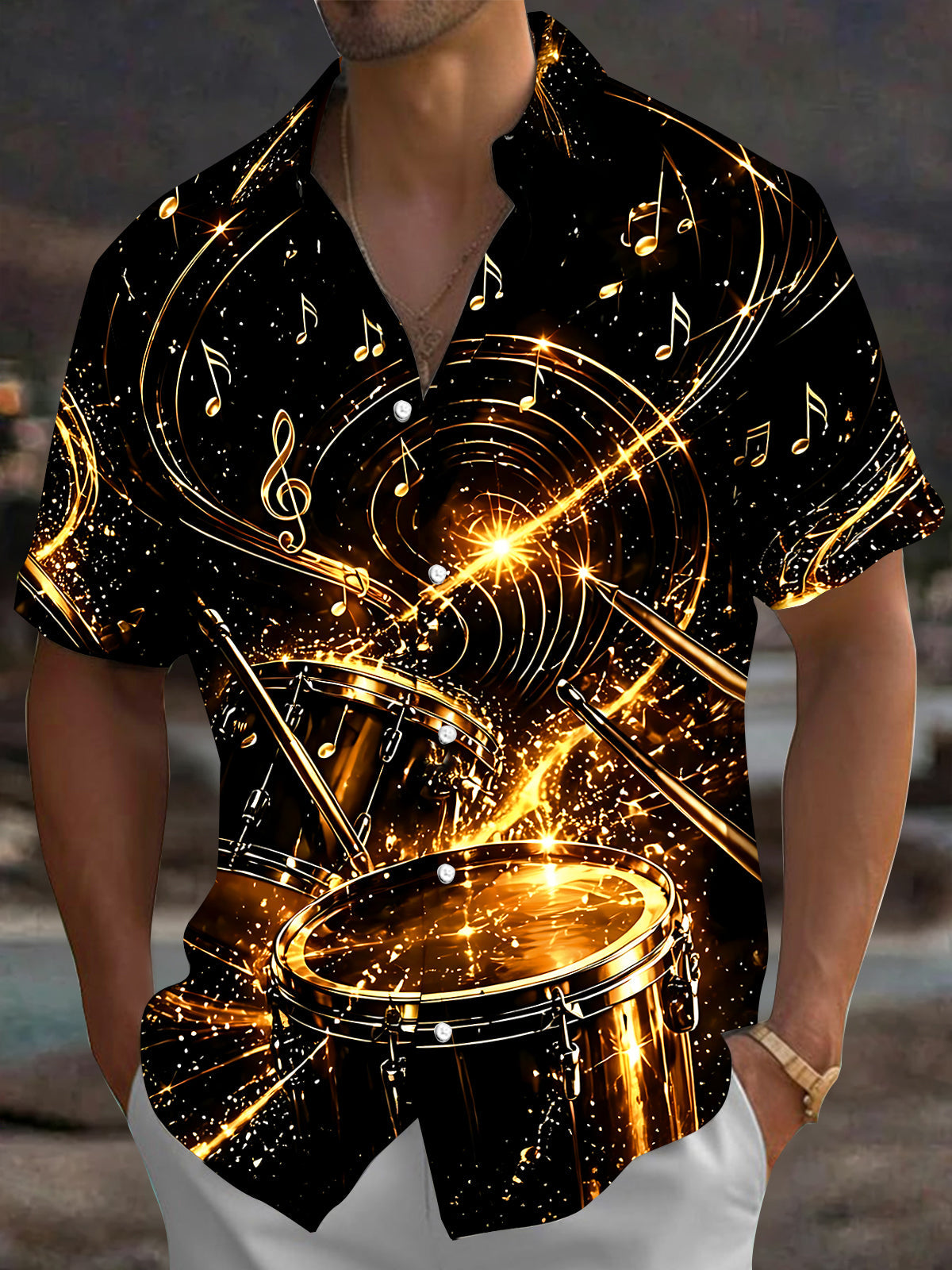 Adaychic Men's Graphic Golden Drum Set Print Short Sleeve Shirt with Chest Pocket
