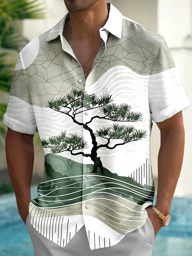 Adaychic Men's Graphic Tree Geometry Print Short Sleeve Shirt with Chest Pocket
